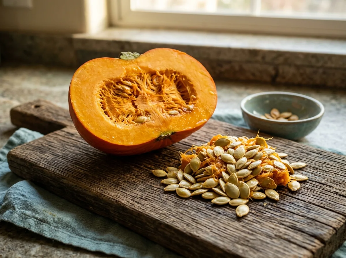 Verse pompoenpitten en pompoenhelft voor pompoenpitten extract capsules